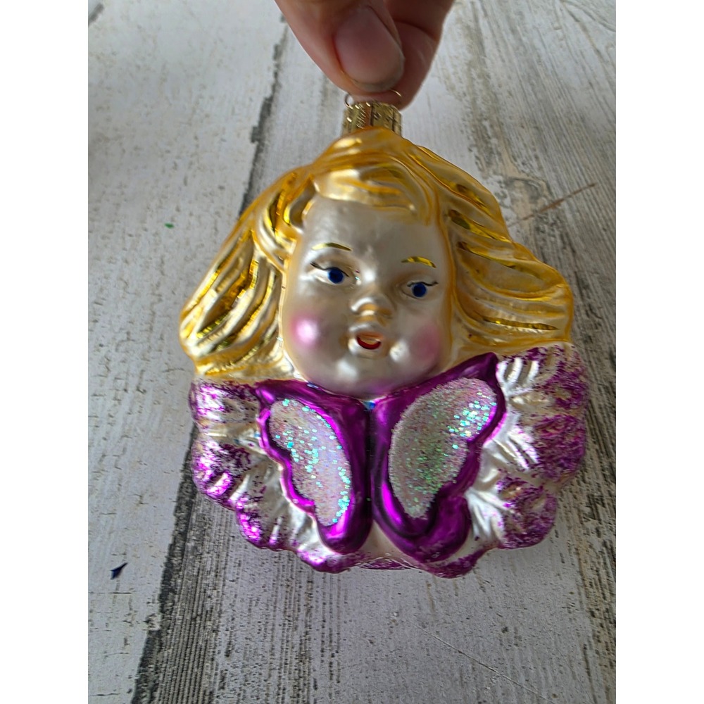 Vintage Christborn Angel cherub girl wings‎ glass ornament Germany Xmas tree
